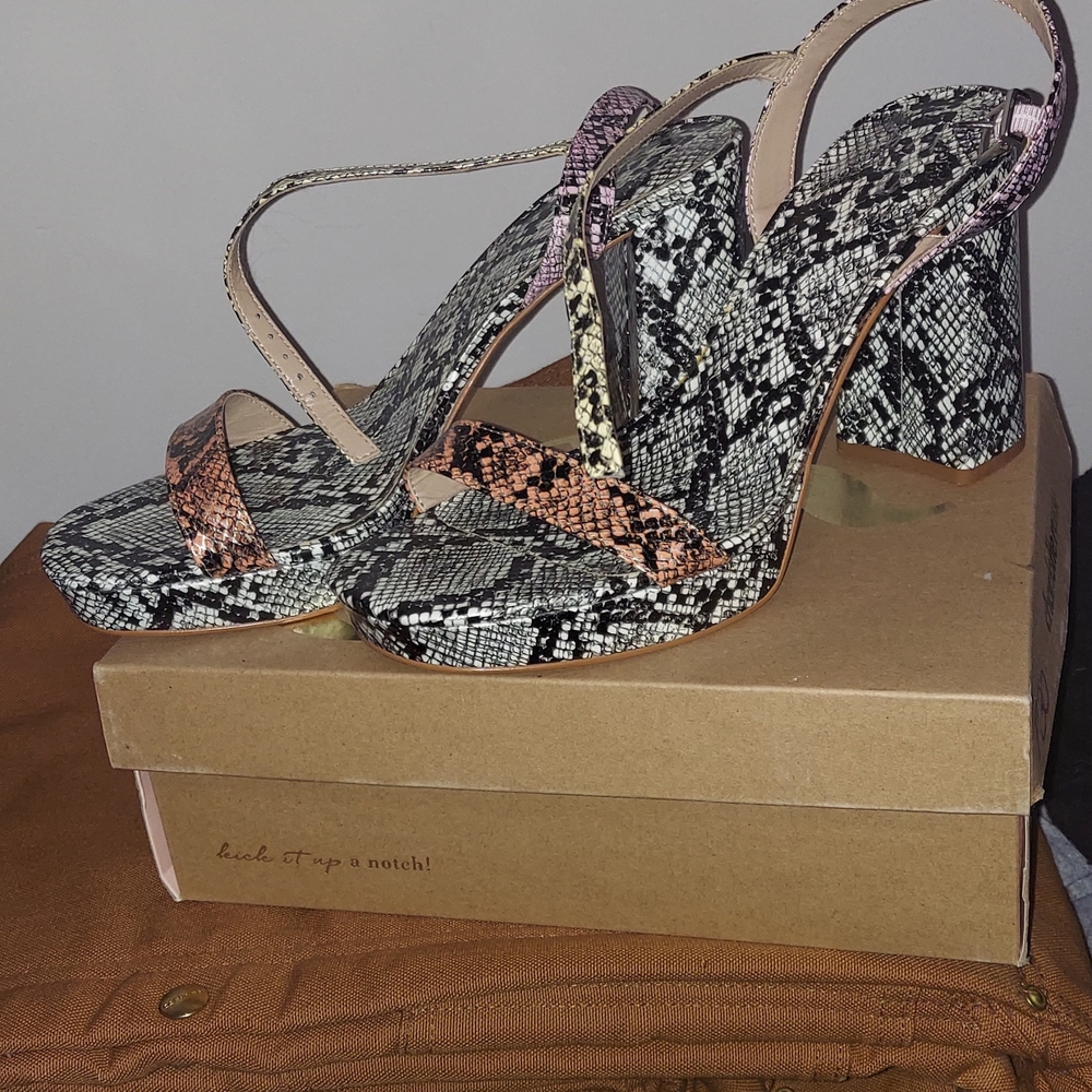 Mix No. 6 Snake-Print Block Heel Sandals in Black with Accent Pink and Orange